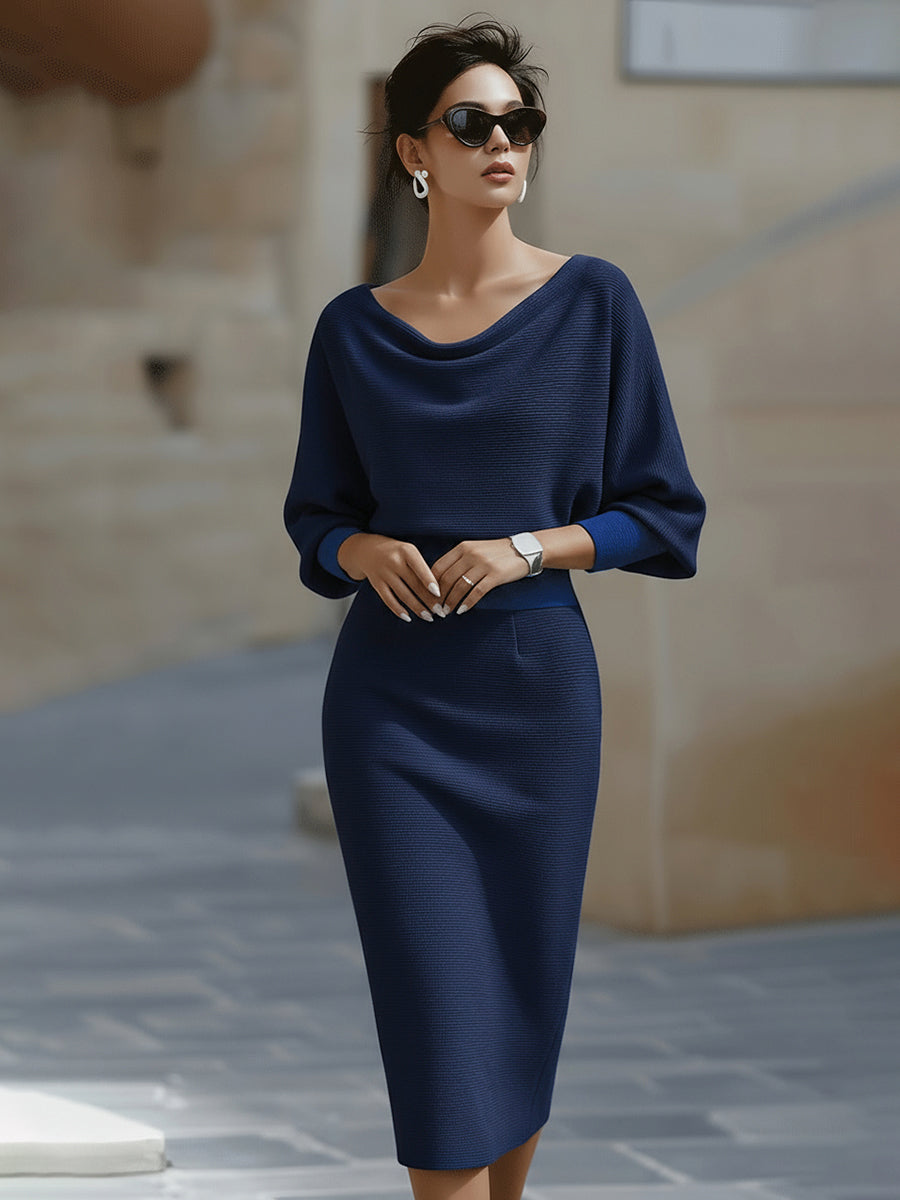 Women's Ribbed Knit Midi Dress with Cowl Neck and Batwing Sleeves in Navy