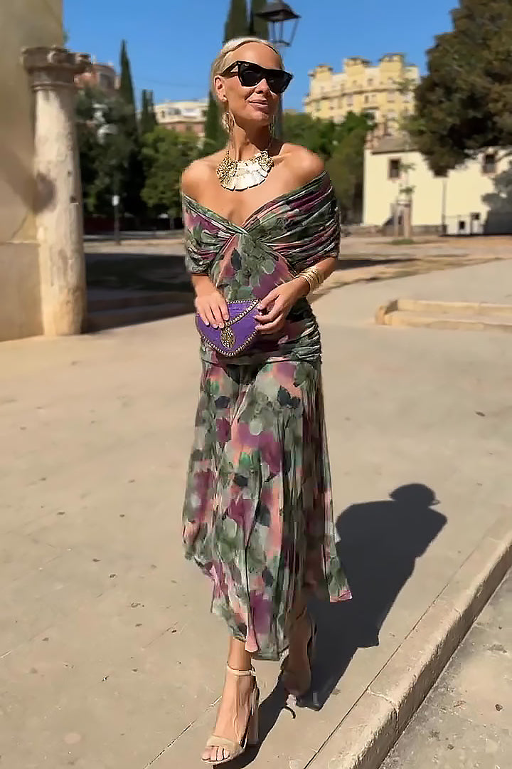 Women's Off-Shoulder Maxi Dress with Draped Crossover Bodice in Multicolor