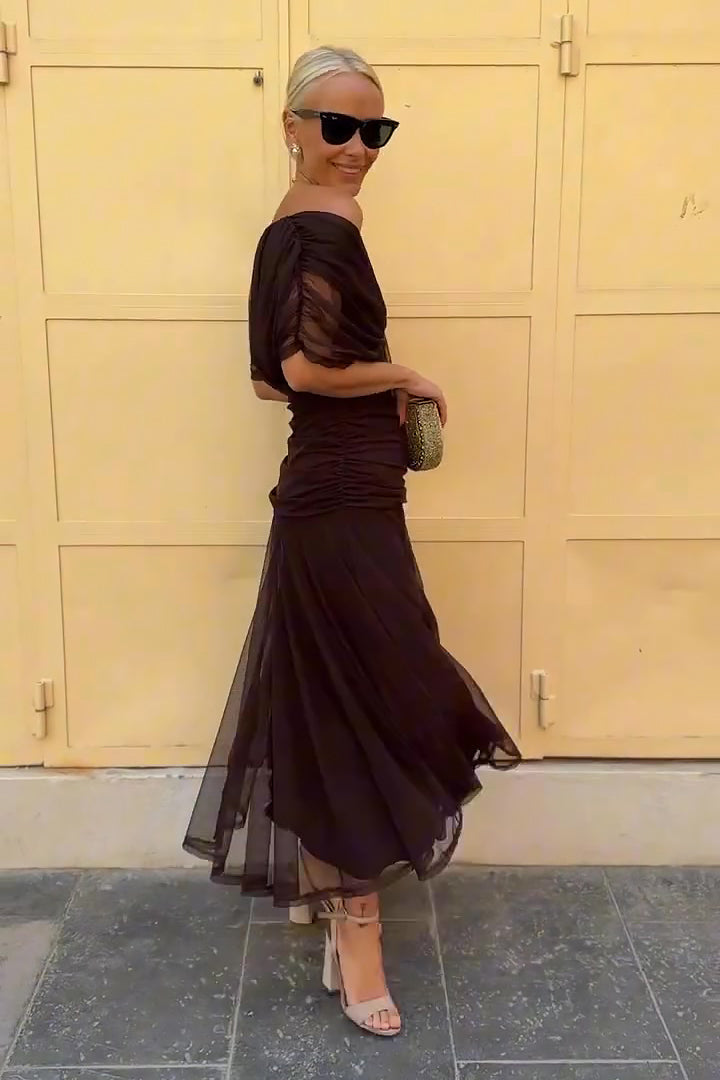 Women's Off-Shoulder Maxi Dress with Draped Crossover Bodice in Brown