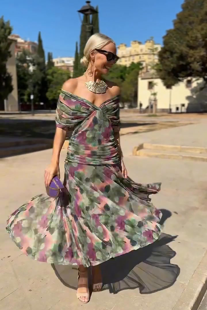 Women's Off-Shoulder Maxi Dress with Draped Crossover Bodice in Multicolor