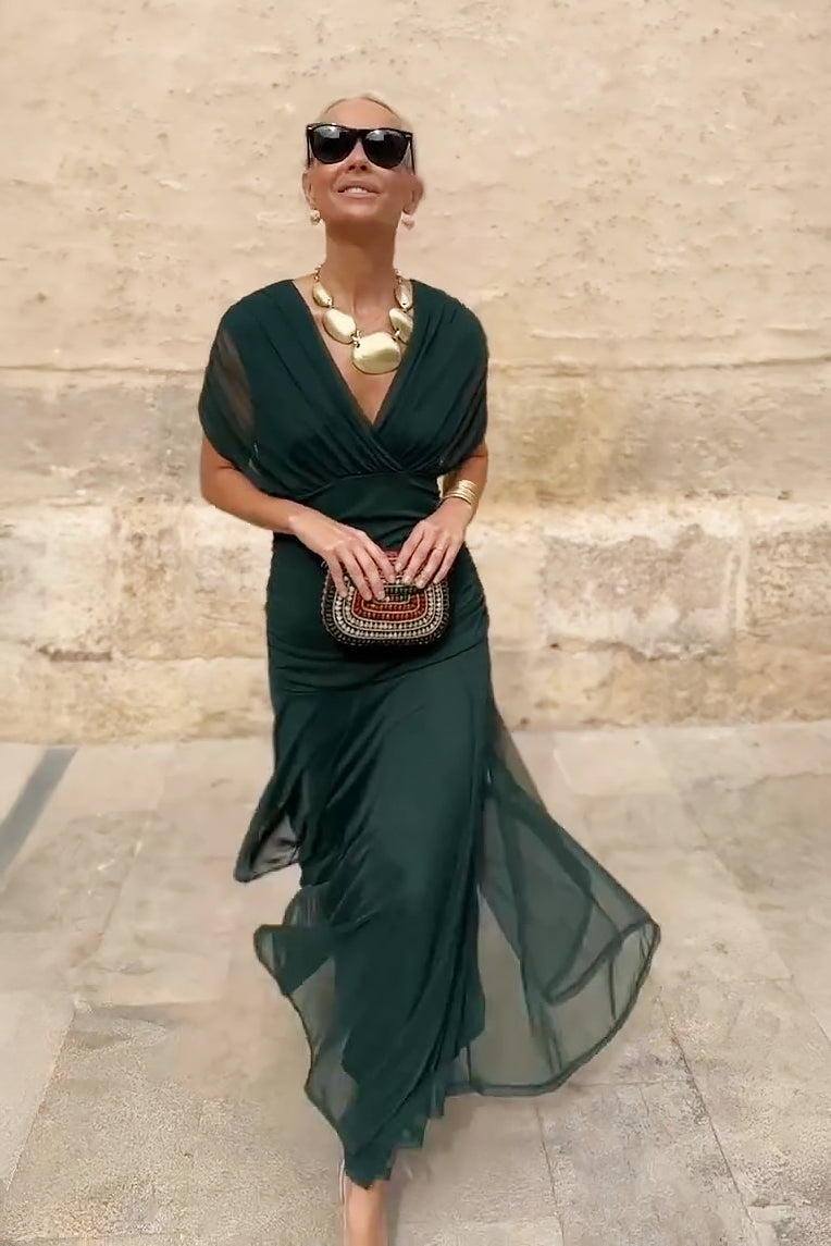 Women's Off-Shoulder Maxi Dress with Draped Crossover Bodice in Green