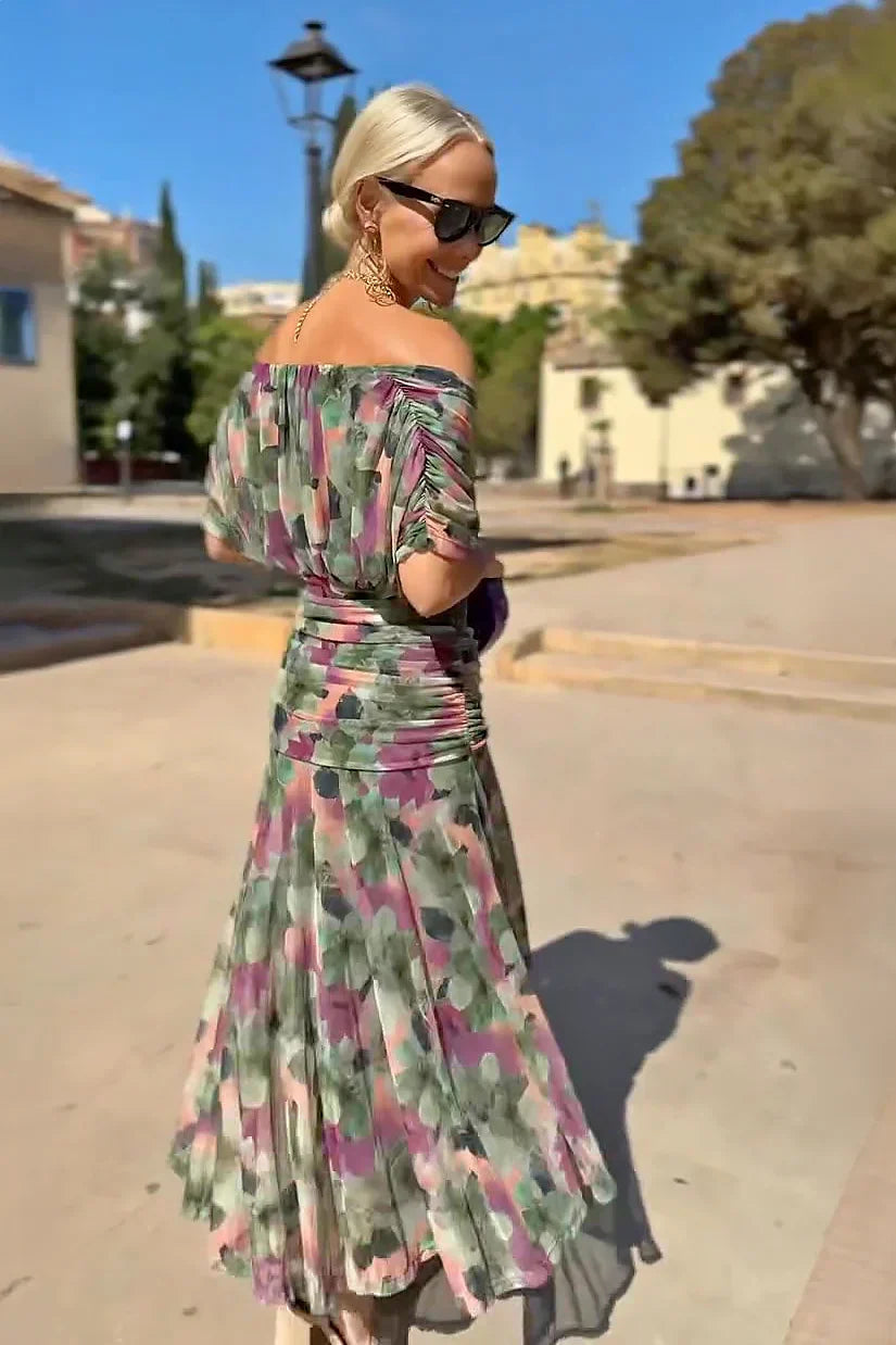 Women's Off-Shoulder Maxi Dress with Draped Crossover Bodice in Multicolor