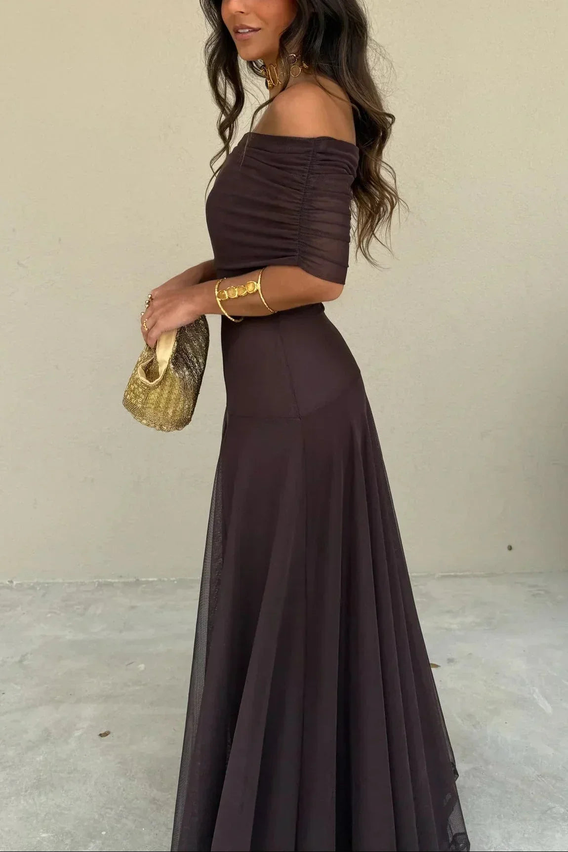 Women's Off-Shoulder Maxi Dress with Ruched Bodice in Brown
