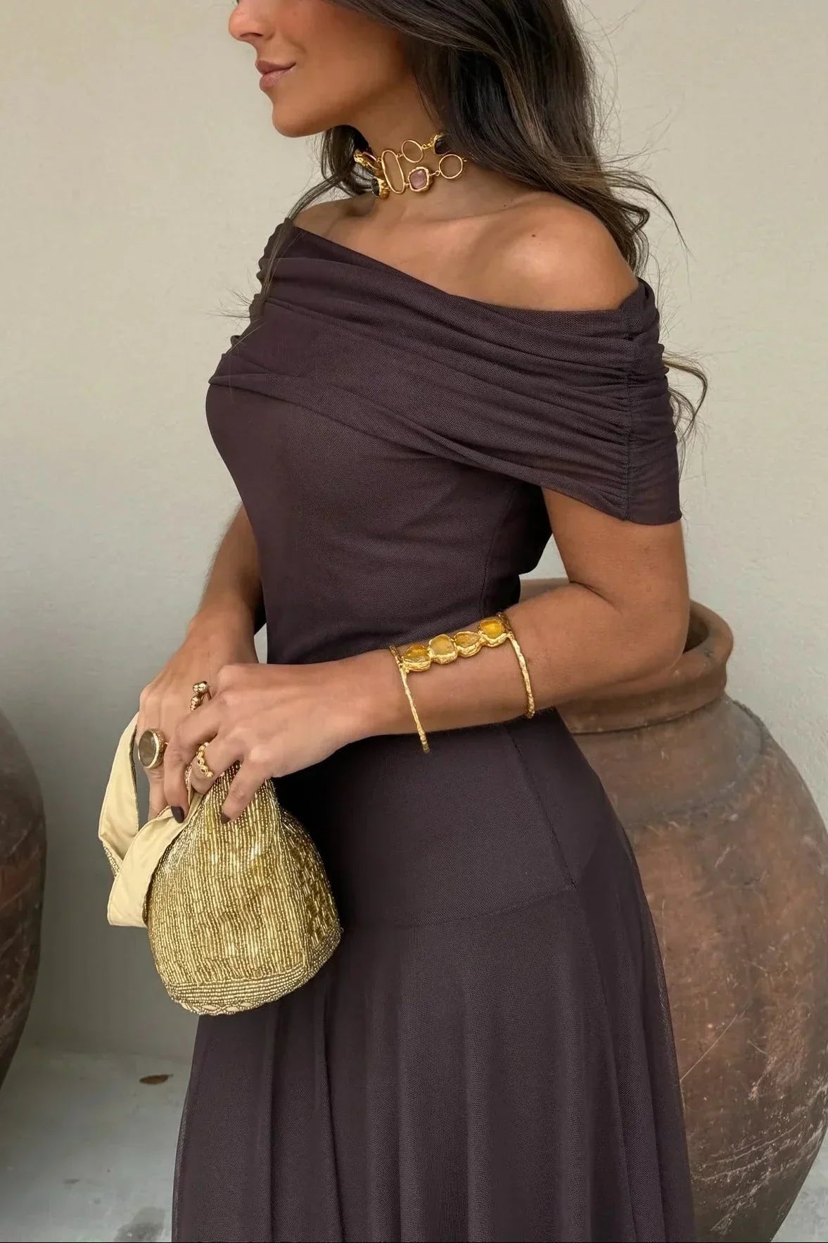 Women's Off-Shoulder Maxi Dress with Ruched Bodice in Brown