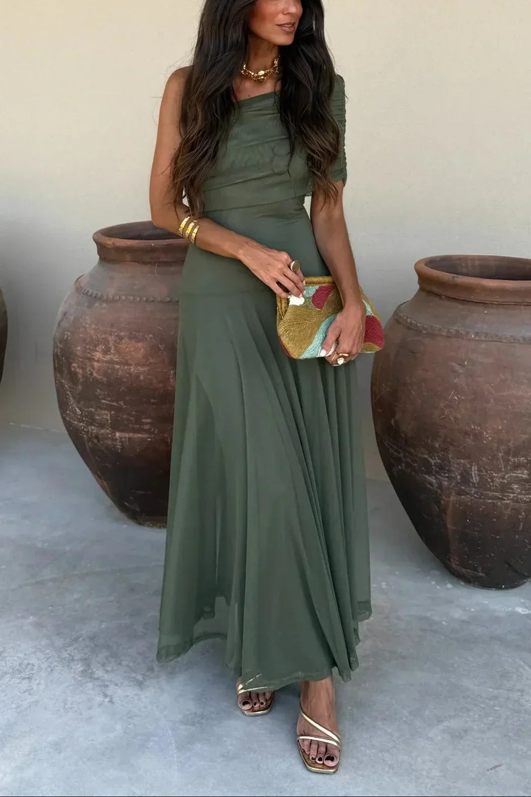 Women's Off-Shoulder Maxi Dress with Ruched Bodice in Green