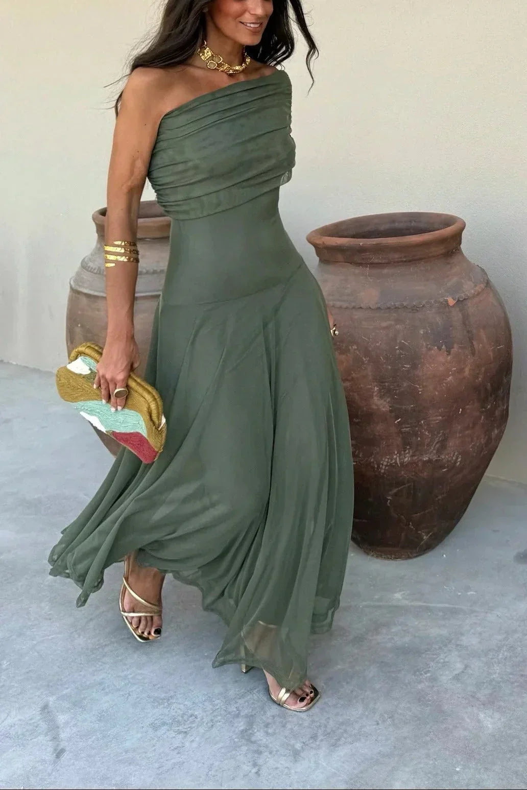 Women's Off-Shoulder Maxi Dress with Ruched Bodice in Green