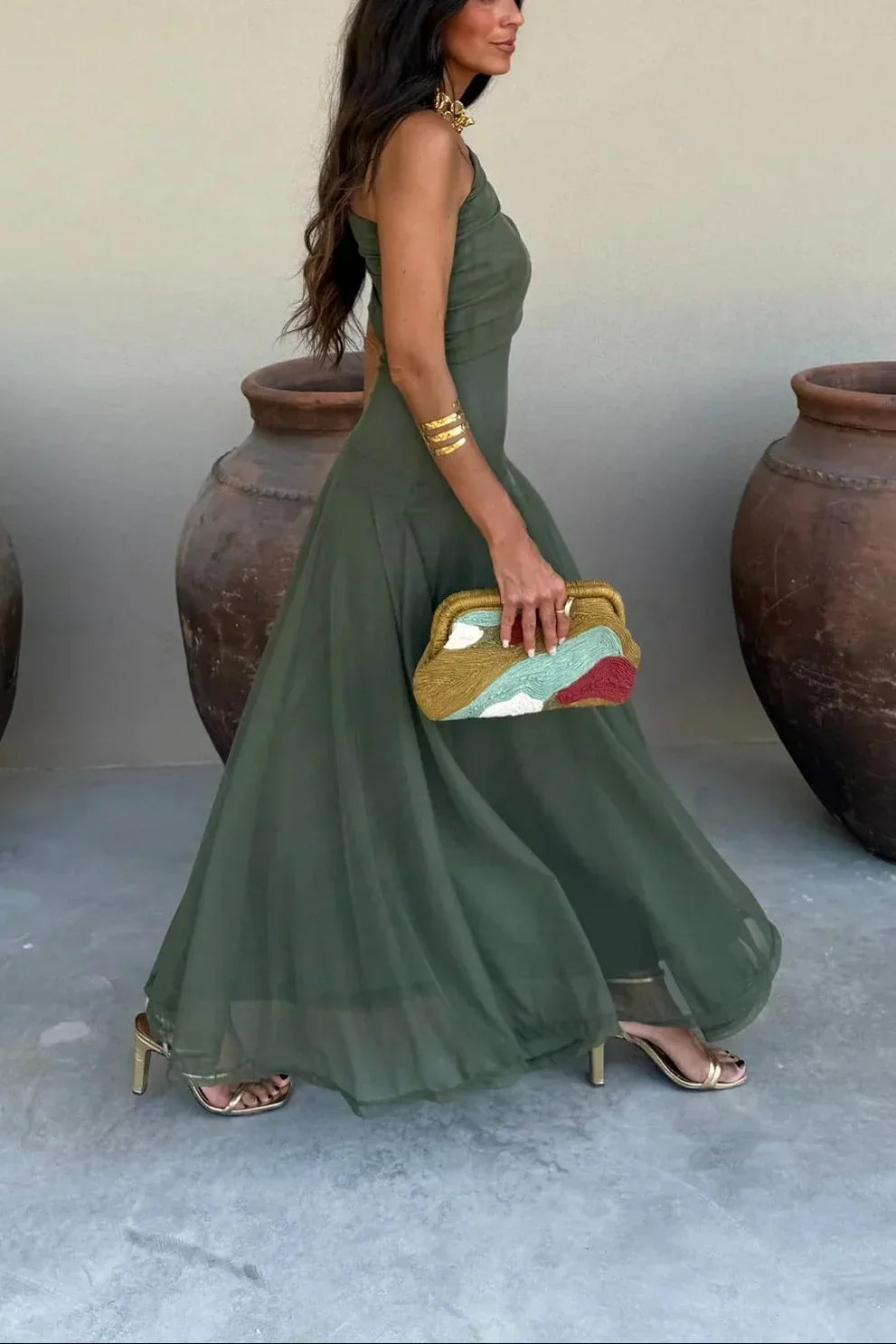 Women's Off-Shoulder Maxi Dress with Ruched Bodice in Green
