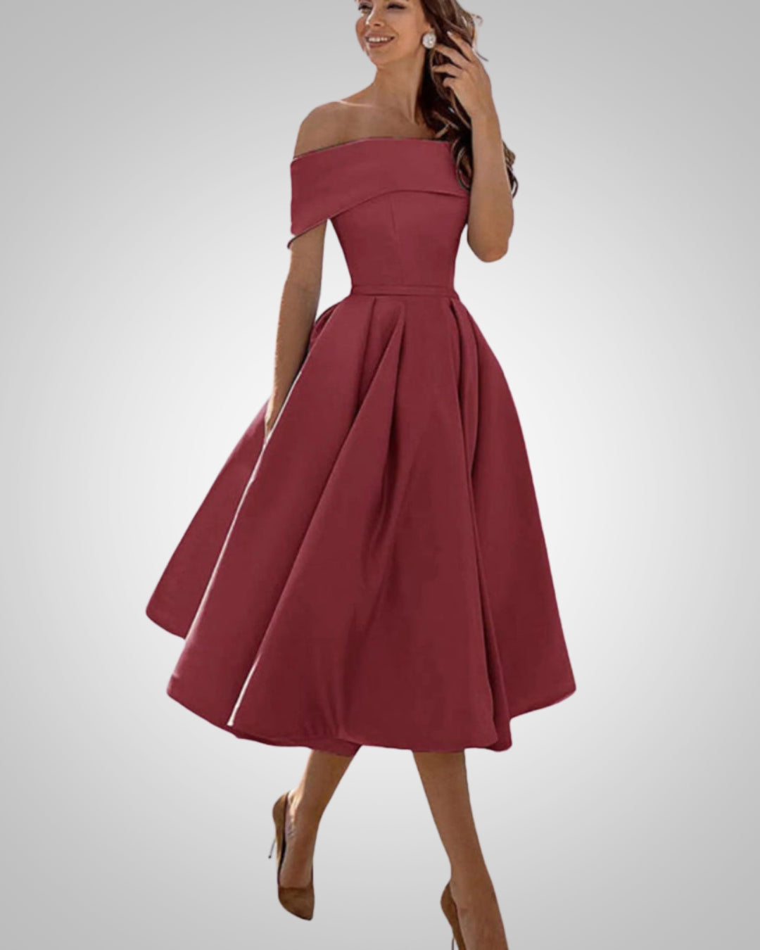 Women's Off-the-Shoulder Midi Dress with Pleated Skirt in Burgundy