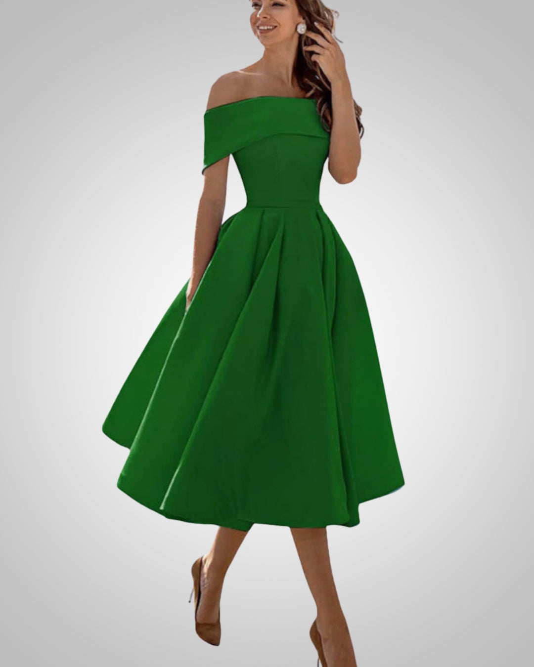 Women's Off-the-Shoulder Midi Dress with Pleated Skirt in Green