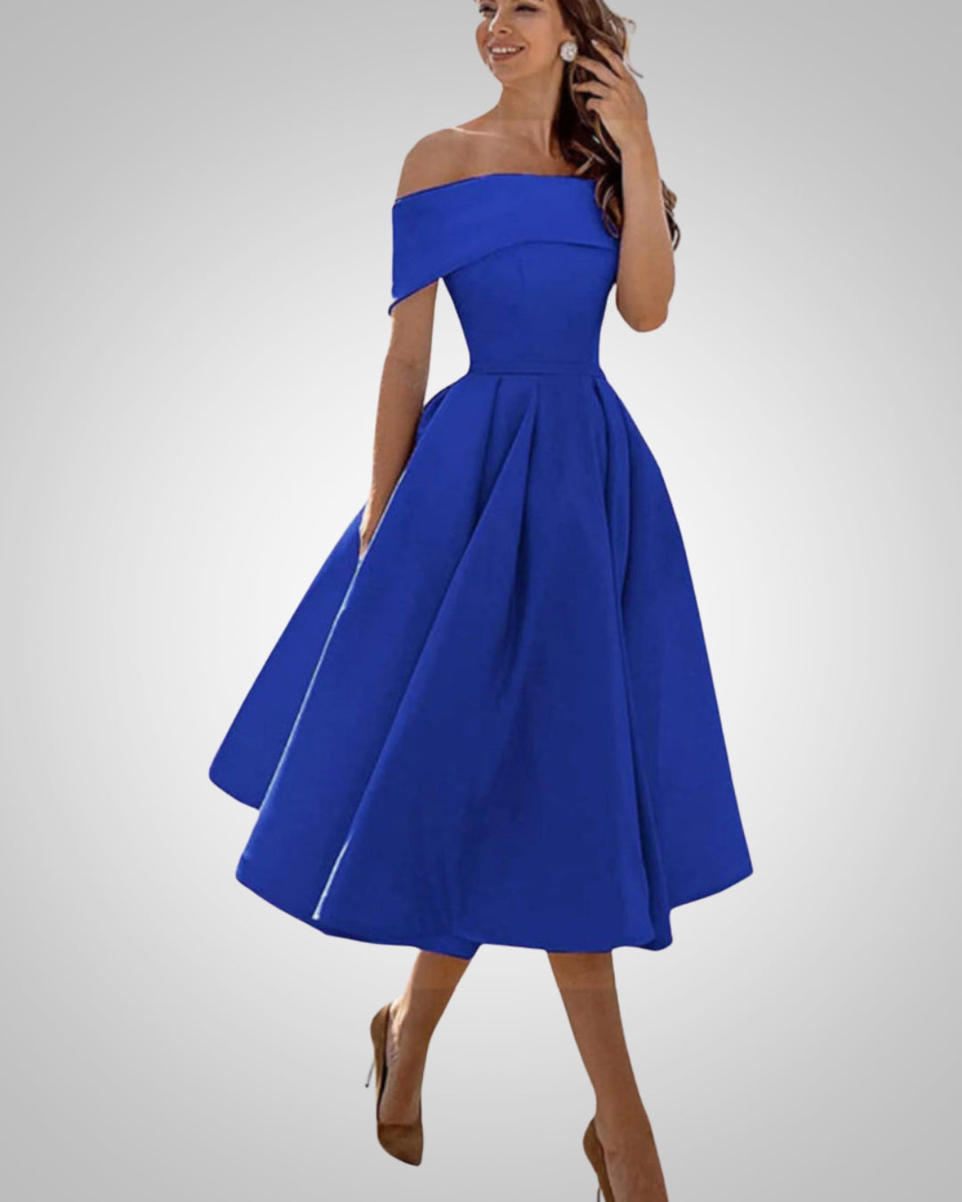 Women's Off-the-Shoulder Midi Dress with Pleated Skirt in Blue