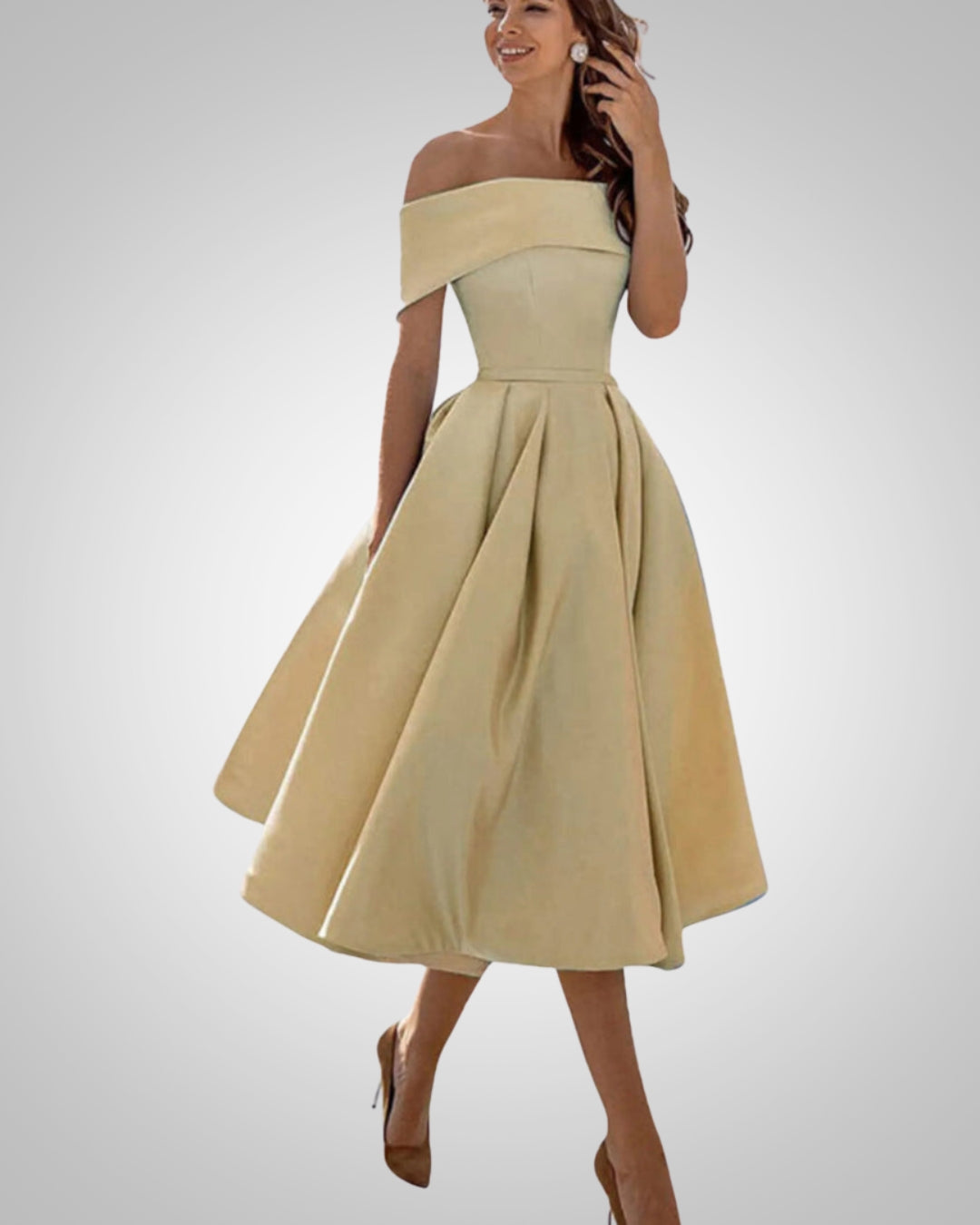 Women's Off-the-Shoulder Midi Dress with Pleated Skirt in Beige