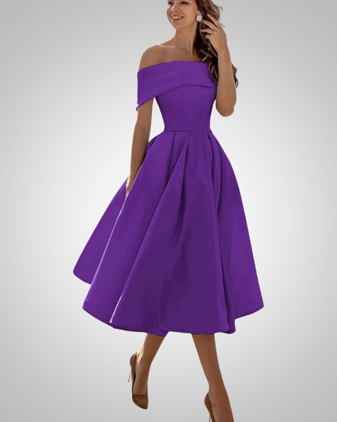 Women's Off-the-Shoulder Midi Dress with Pleated Skirt in Purple