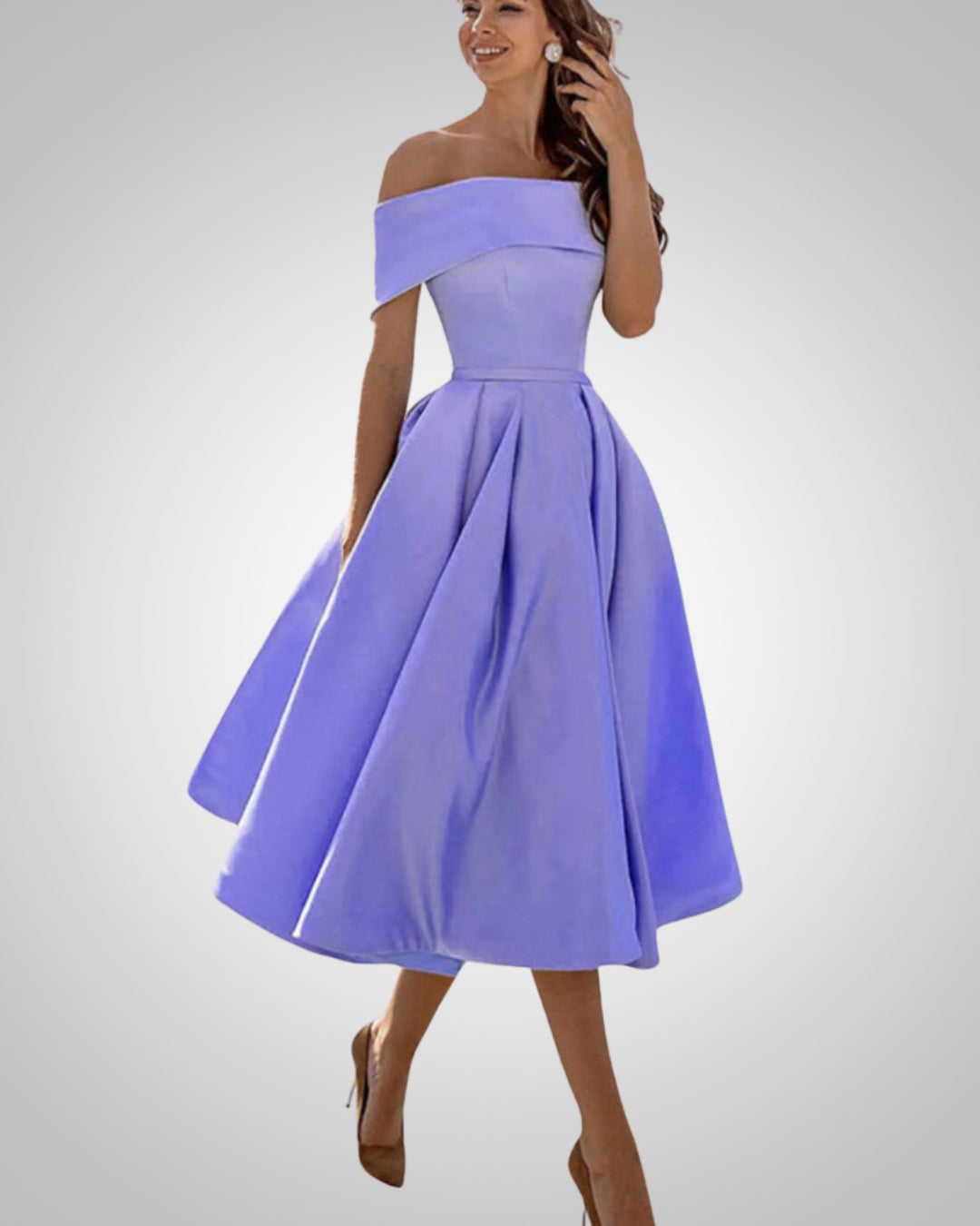 Women's Off-the-Shoulder Midi Dress with Pleated Skirt in Lilac