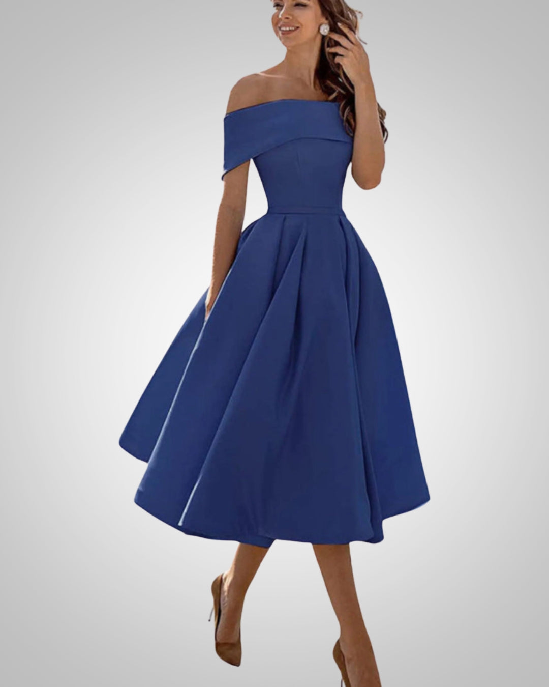 Women's Off-the-Shoulder Midi Dress with Pleated Skirt in Navy