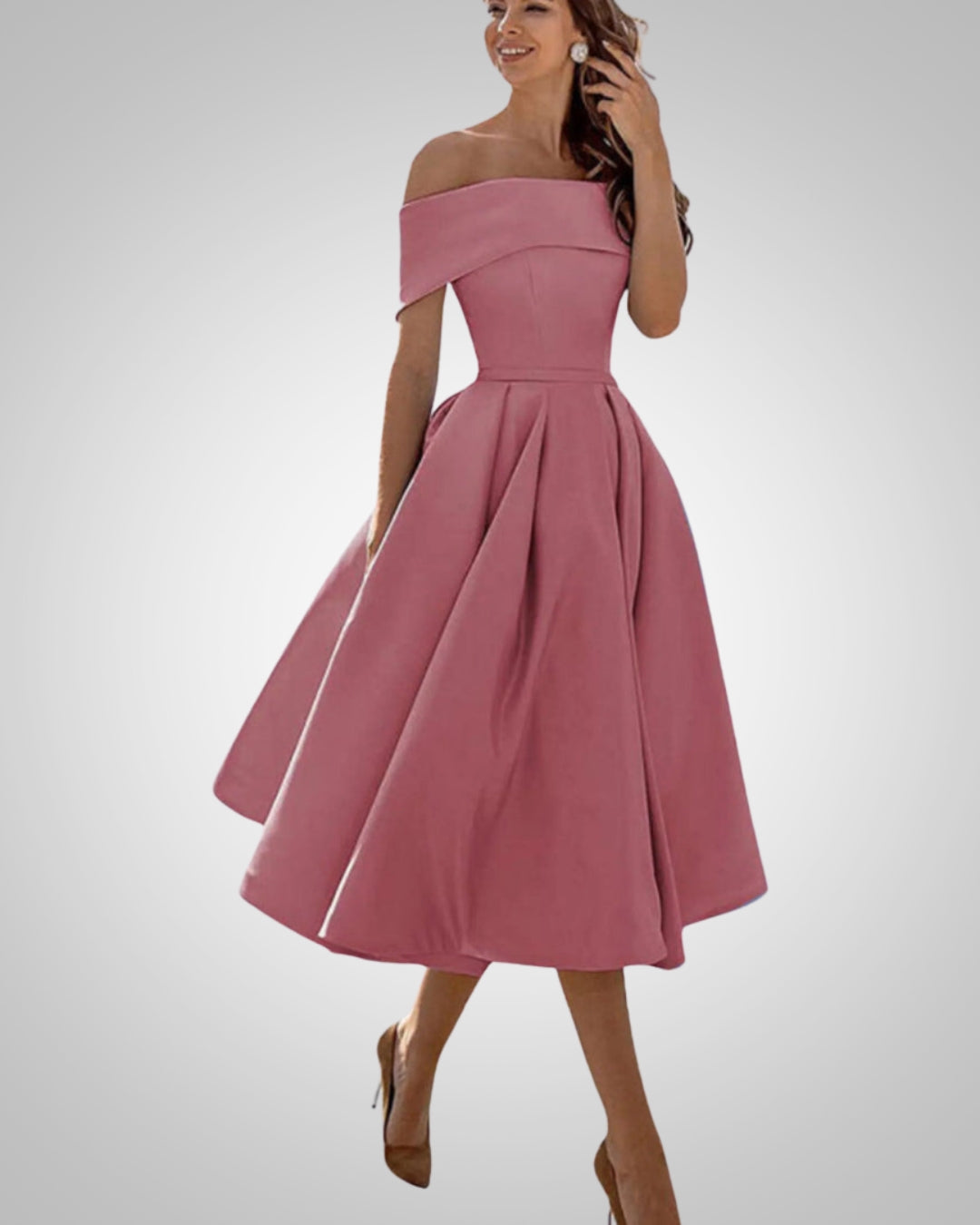Women's Off-the-Shoulder Midi Dress with Pleated Skirt in Pink