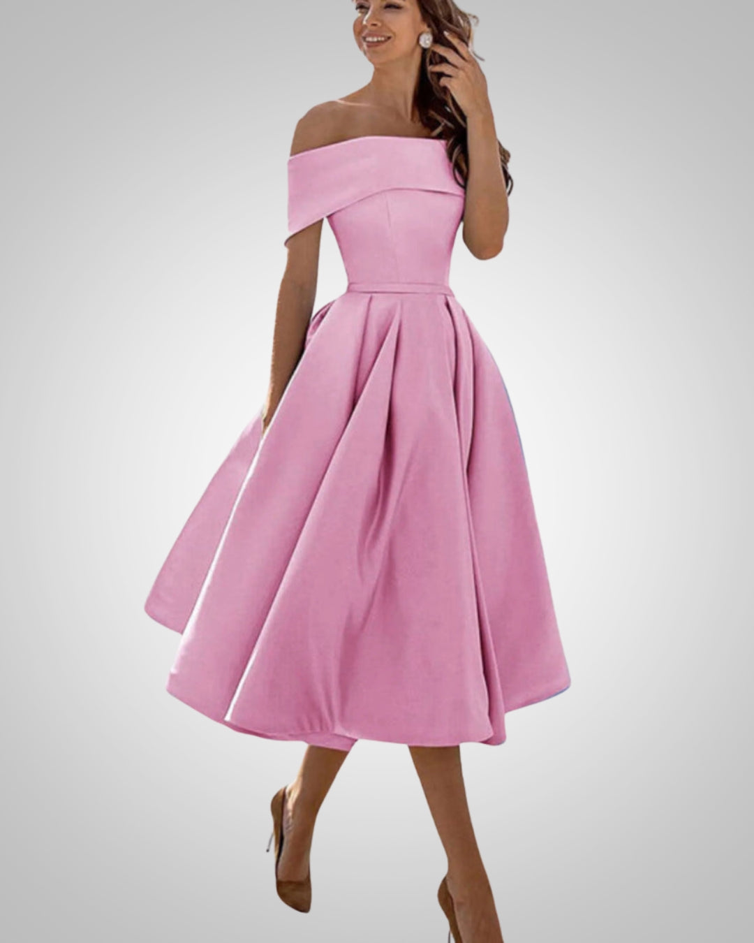 Women's Off-the-Shoulder Midi Dress with Pleated Skirt in Light Pink