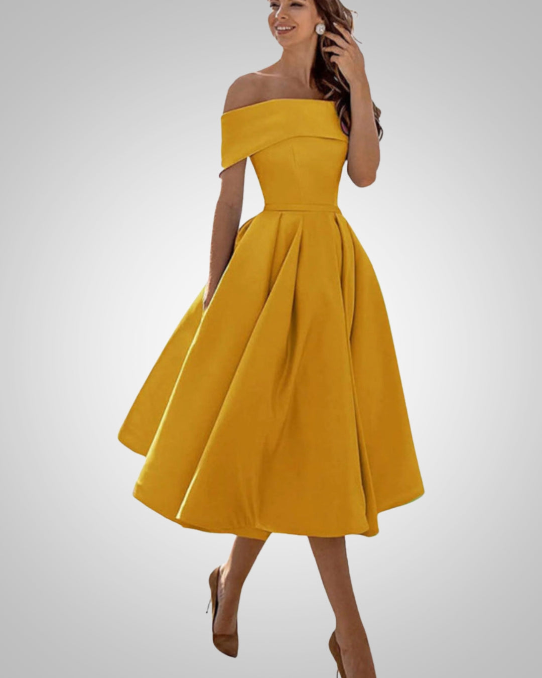 Women's Off-the-Shoulder Midi Dress with Pleated Skirt in Yellow