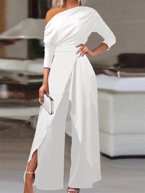 Women's One-Shoulder Jumpsuit with Cascading Overlay and Draping in White