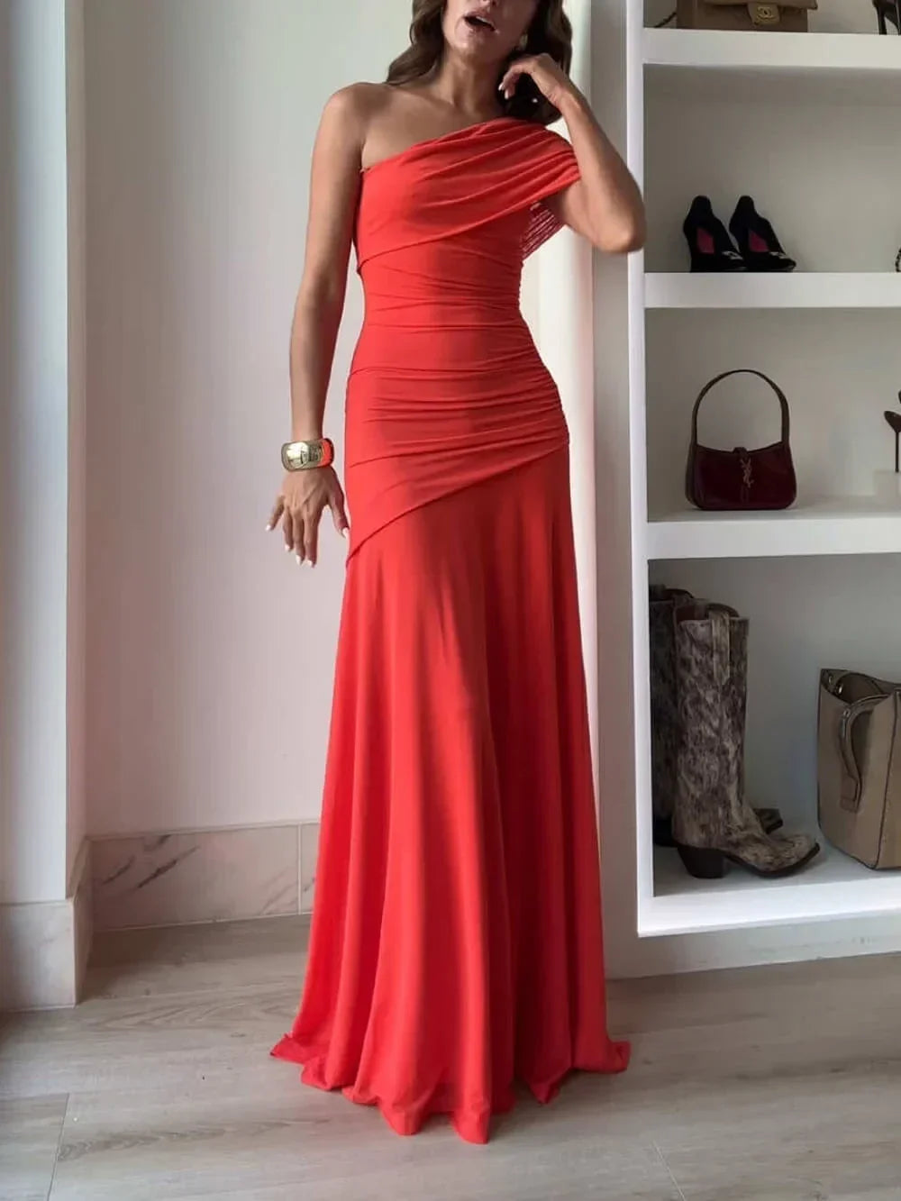 Women's One-Shoulder Maxi Evening Dress with Ruched Bodice in Pink