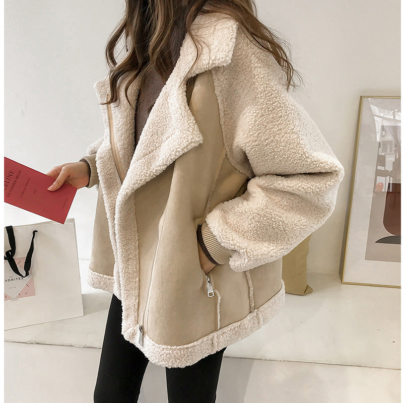 Women's Oversized Jacket with Fluffy Trim and Zip in Beige