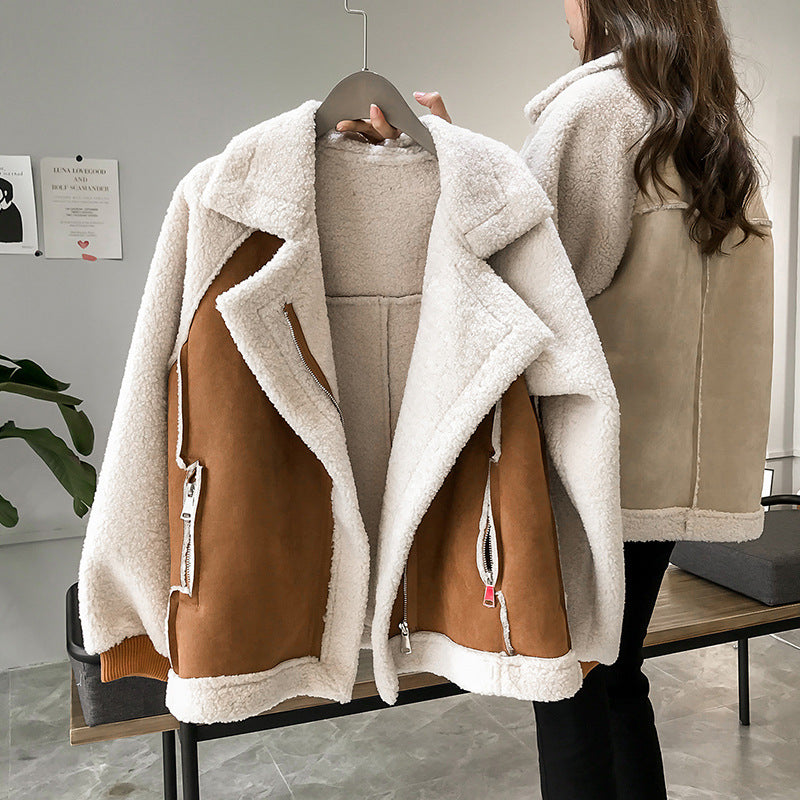 Women's Oversized Jacket with Fluffy Trim and Zip in Brown