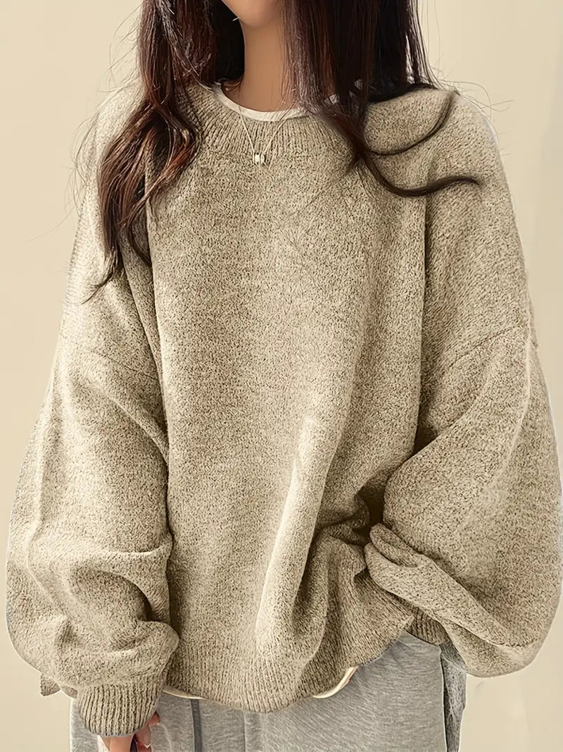 Women's Oversized Jumper with Round Neck and Melange Knit in Beige