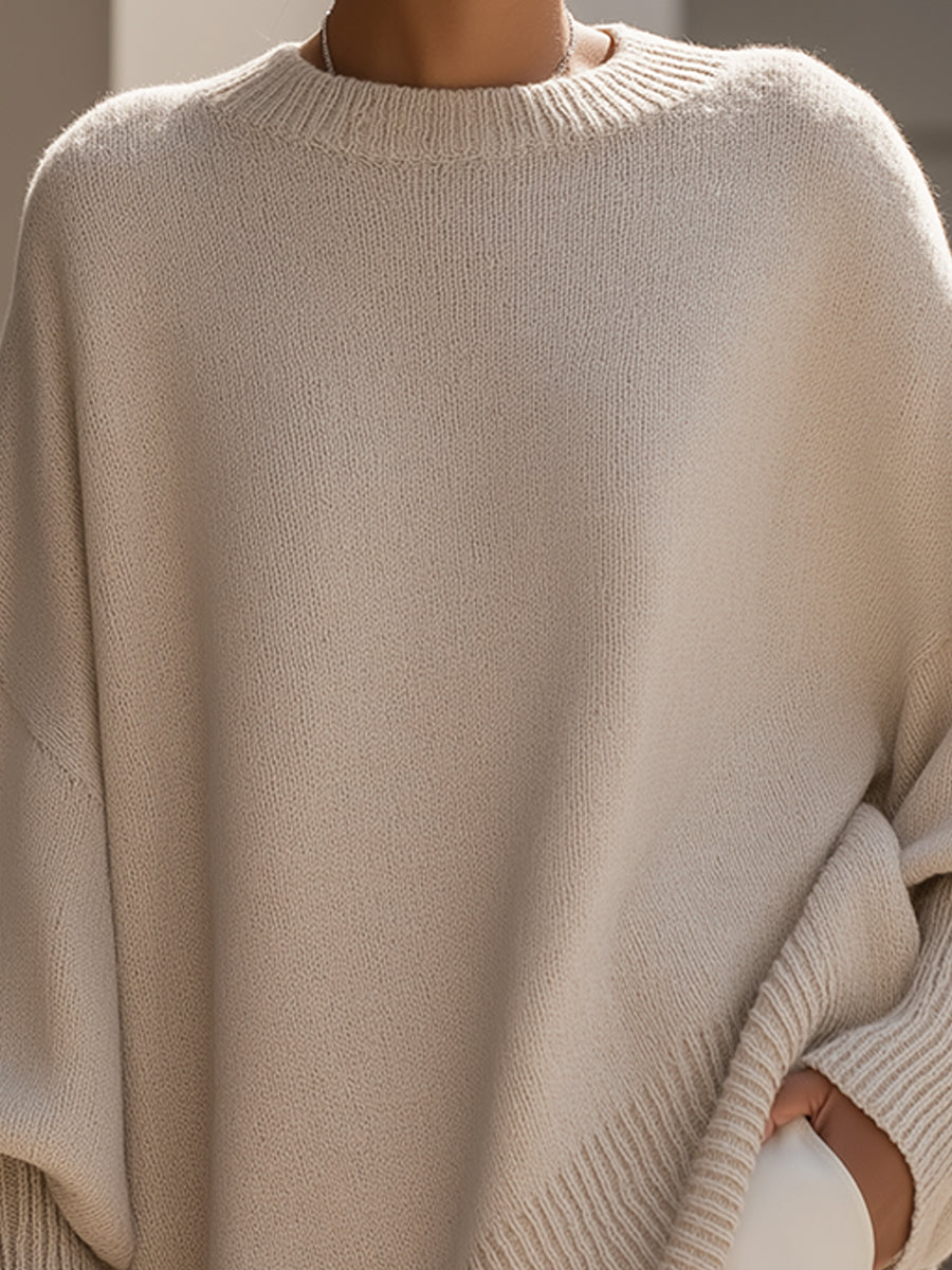 Women's Poncho-Style Top with Round Neck and Asymmetric Hem in Beige