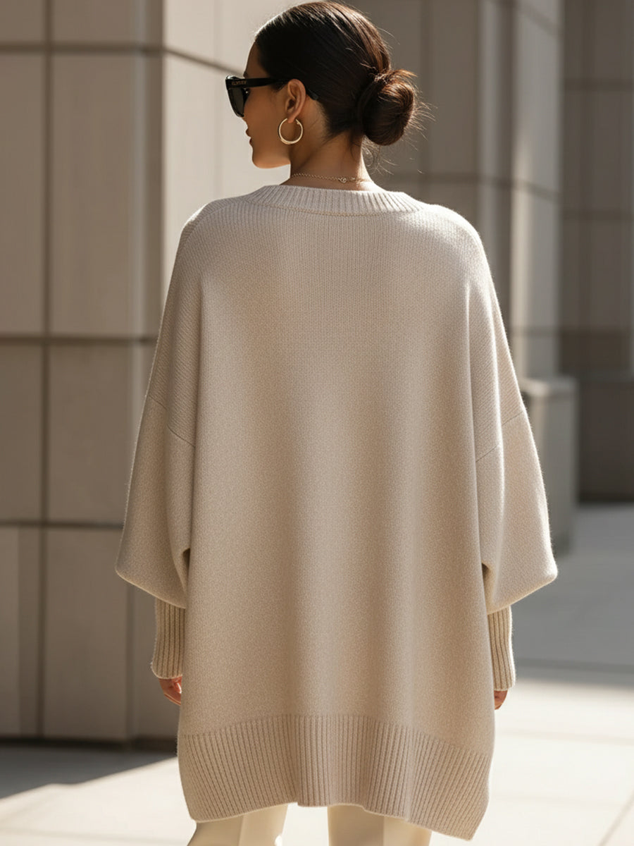 Women's Poncho-Style Top with Round Neck and Asymmetric Hem in Beige