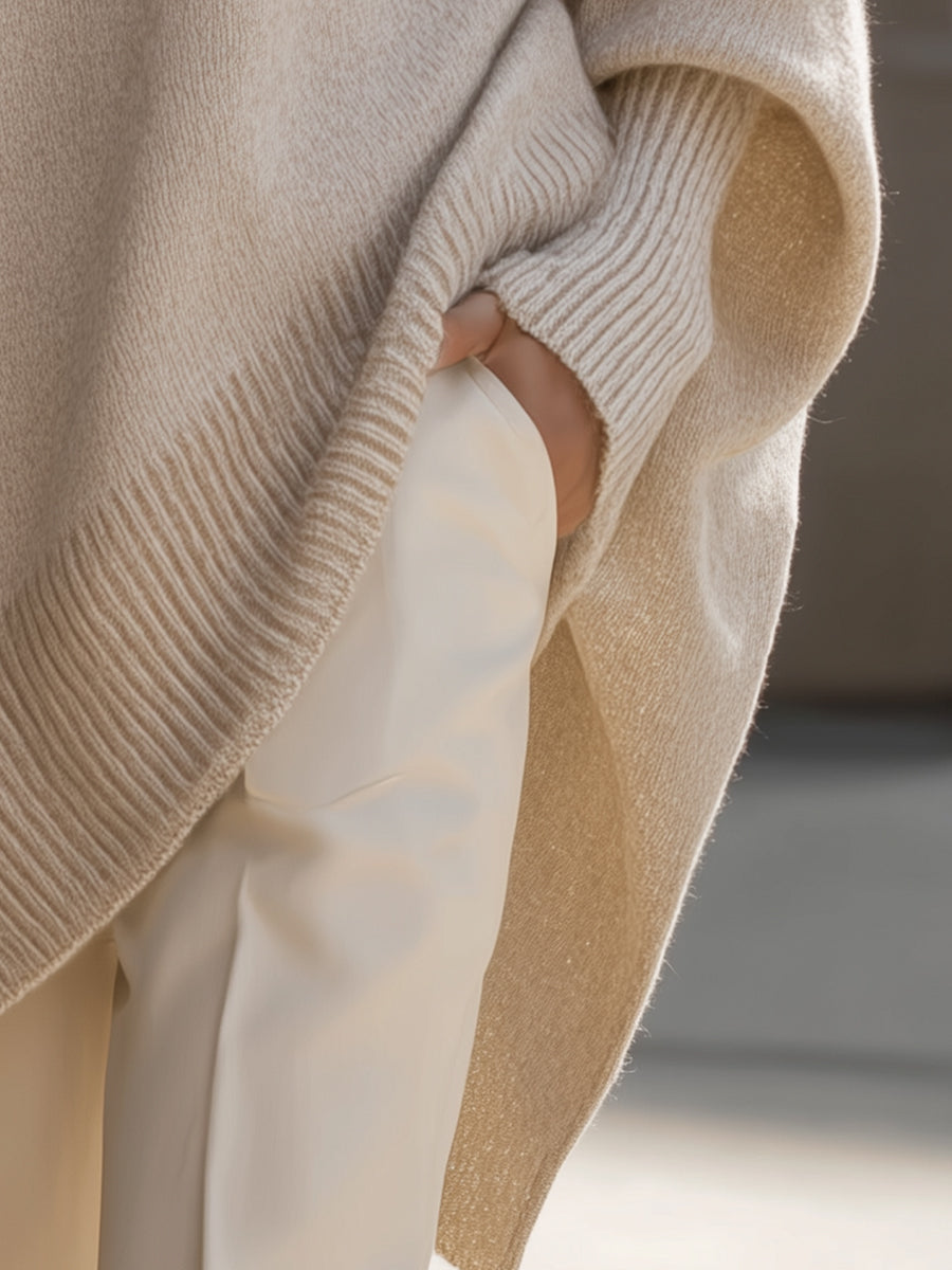 Women's Poncho-Style Top with Round Neck and Asymmetric Hem in Beige