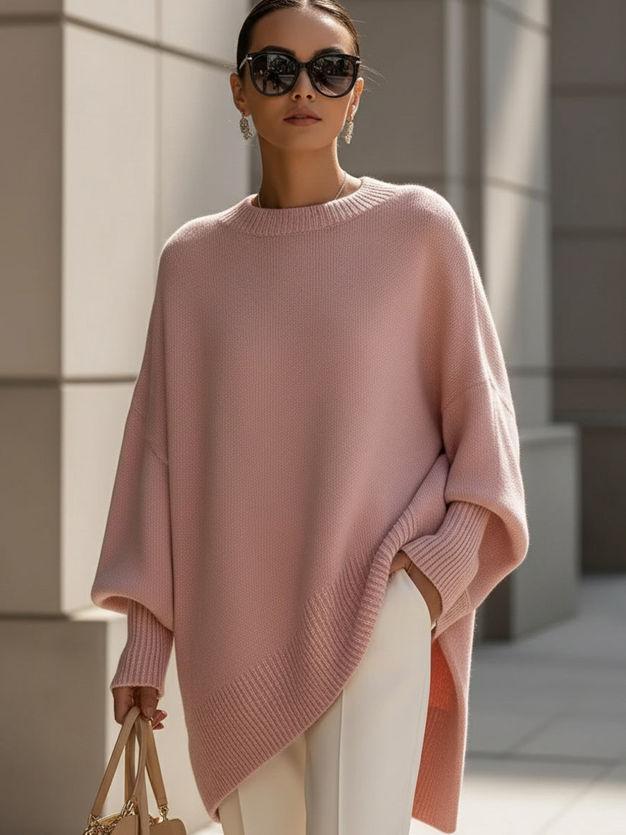 Women's Poncho-Style Top with Round Neck and Asymmetric Hem in Pink