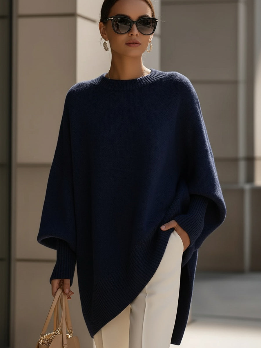Women's Poncho-Style Top with Round Neck and Asymmetric Hem in Navy