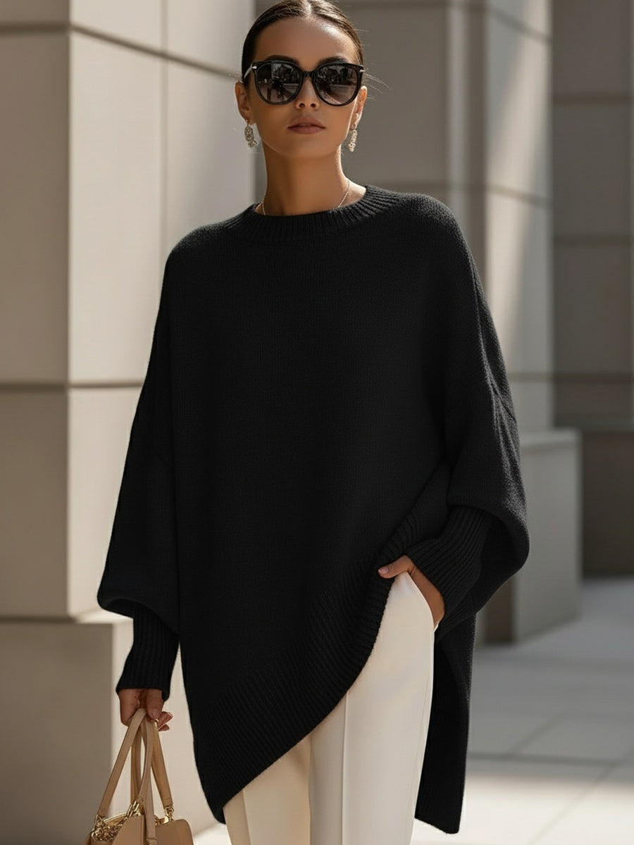 Women's Poncho-Style Top with Round Neck and Asymmetric Hem in Black
