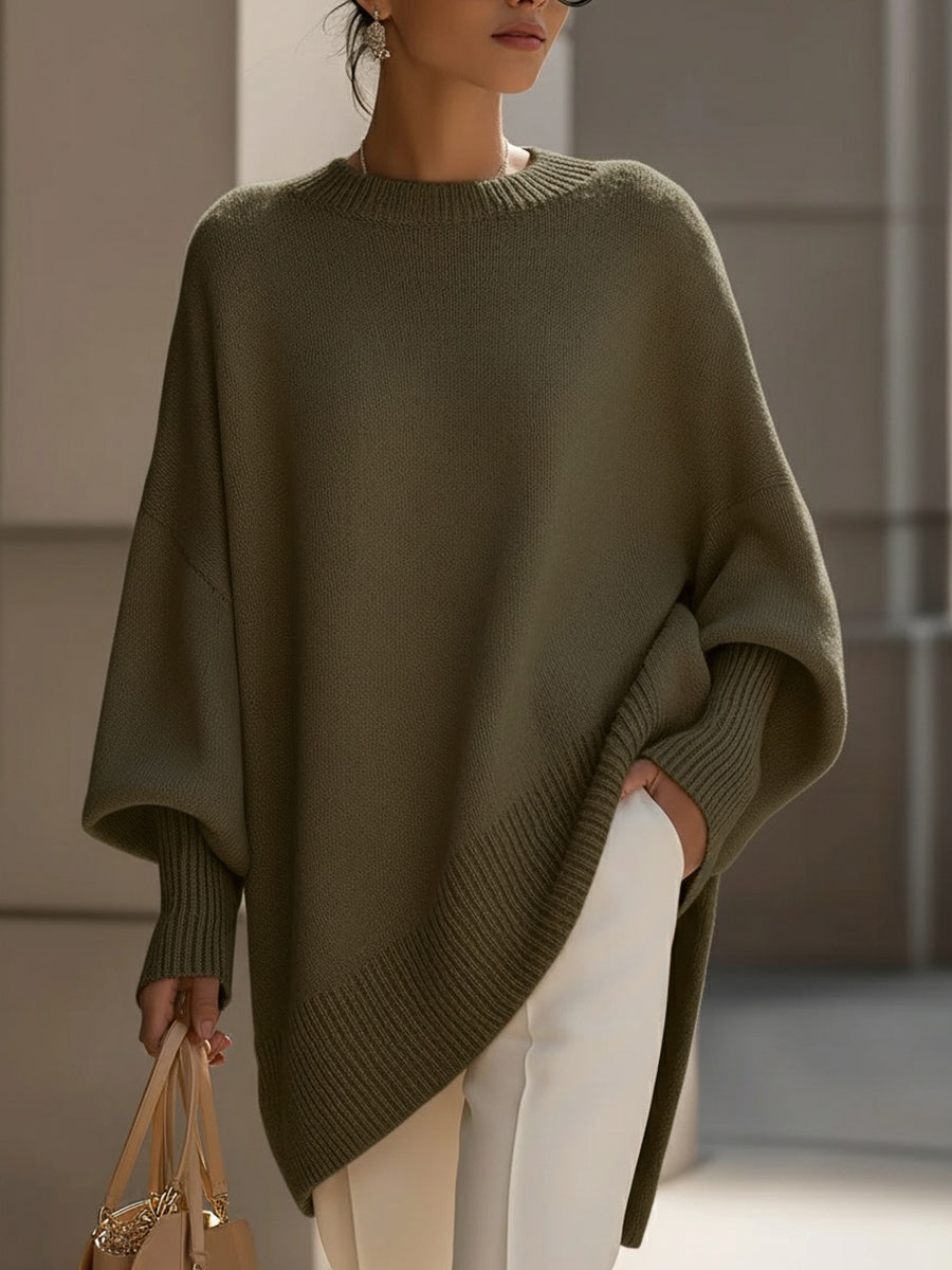 Women's Poncho-Style Top with Round Neck and Asymmetric Hem in Olive