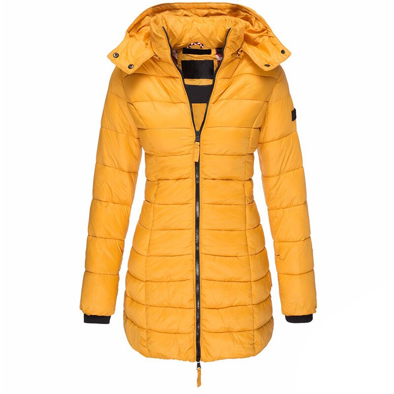 Women's Quilted Hooded Coat with Ribbed Cuffs, Tailored Fit in Yellow