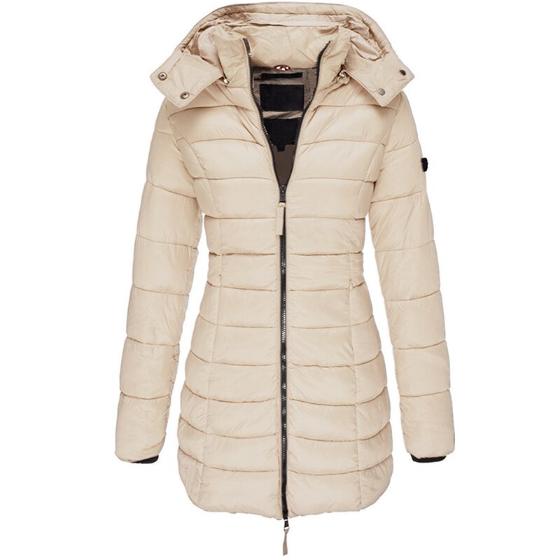 Women's Quilted Hooded Coat with Ribbed Cuffs, Tailored Fit in Khaki