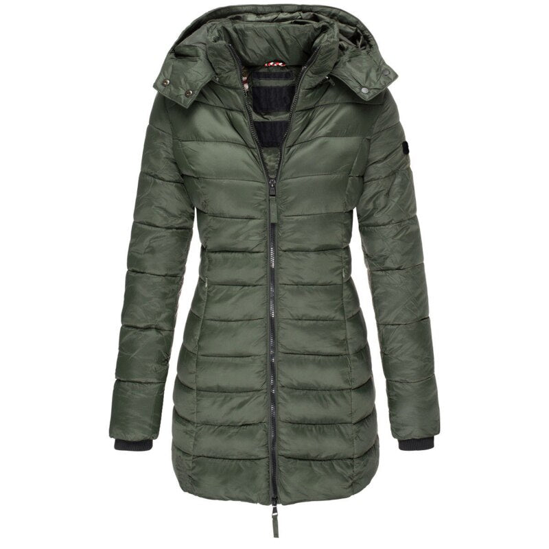 Women's Quilted Hooded Coat with Ribbed Cuffs, Tailored Fit in Green
