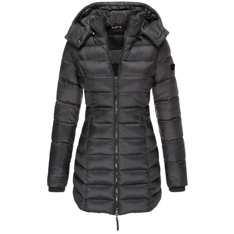 Women's Quilted Hooded Coat with Ribbed Cuffs, Tailored Fit in Black