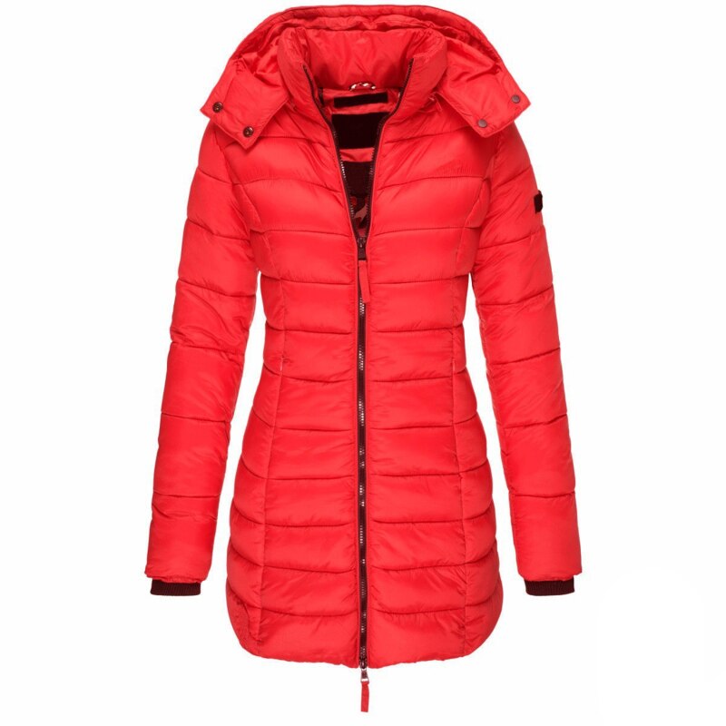Women's Quilted Hooded Coat with Ribbed Cuffs, Tailored Fit in Red