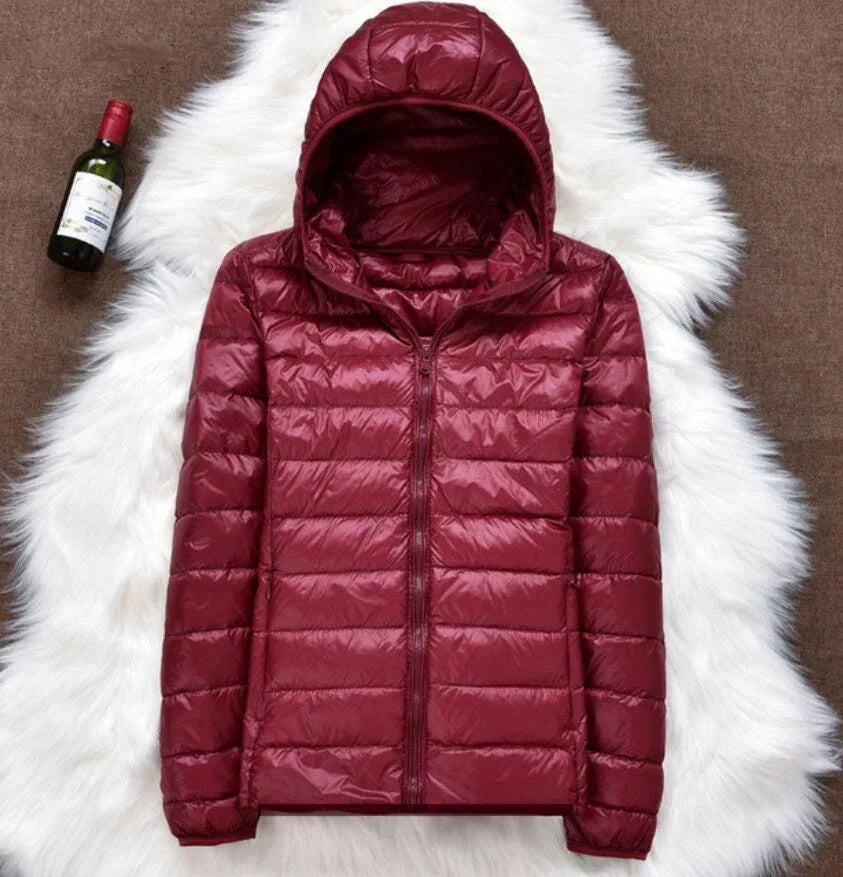 Women's Quilted Hooded Jacket with Zip Fastening in Dark Red