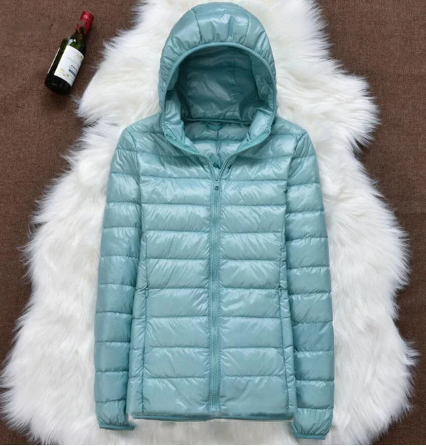 Women's Quilted Hooded Jacket with Zip Fastening in Light Blue