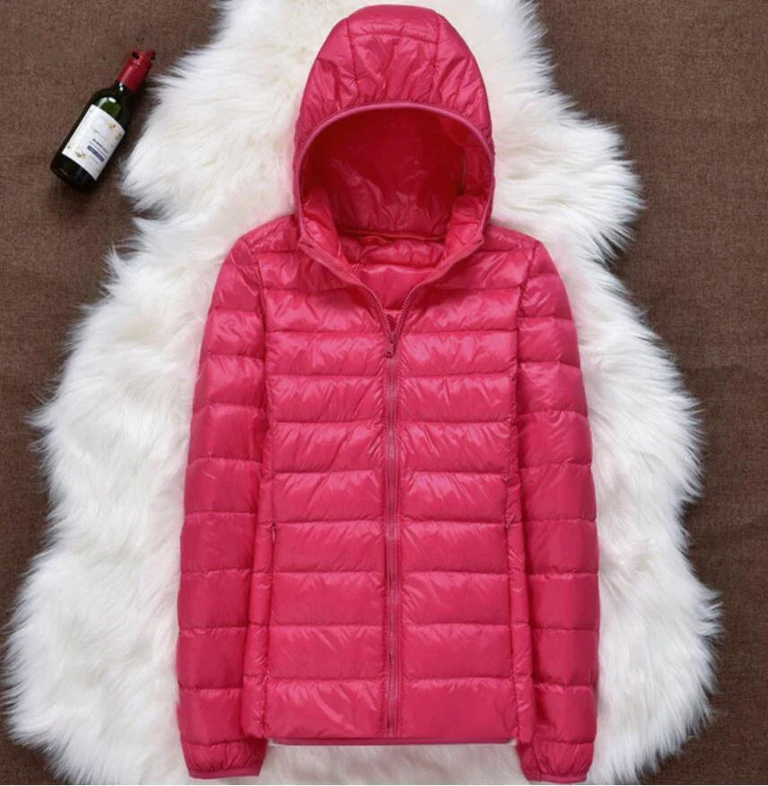 Women's Quilted Hooded Jacket with Zip Fastening in Pink-Red