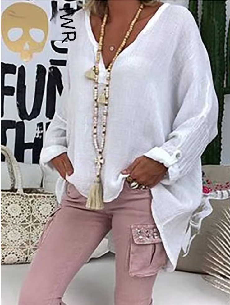 Women's Relaxed Tunic Blouse with V-Neck and Roll-Up Sleeves in White