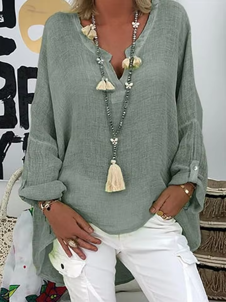 Women's Relaxed Tunic Blouse with V-Neck and Roll-Up Sleeves in Grey-Green