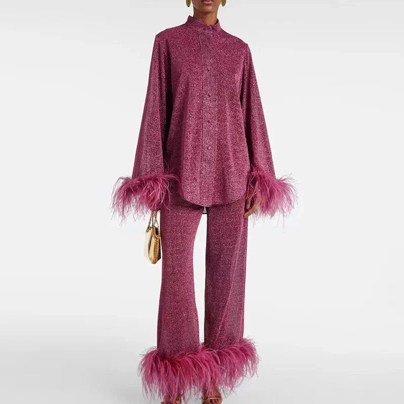 Women's Shimmer Shirt and Trousers Set with Feather Trims in Wine Red
