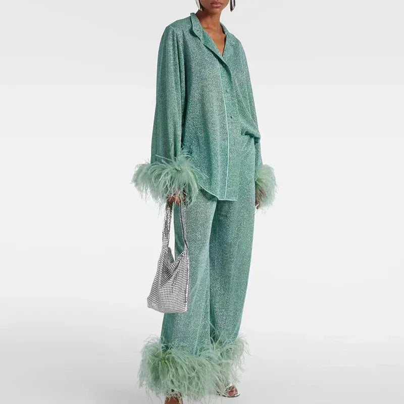 Women's Shimmer Shirt and Trousers Set with Feather Trims in Light Green