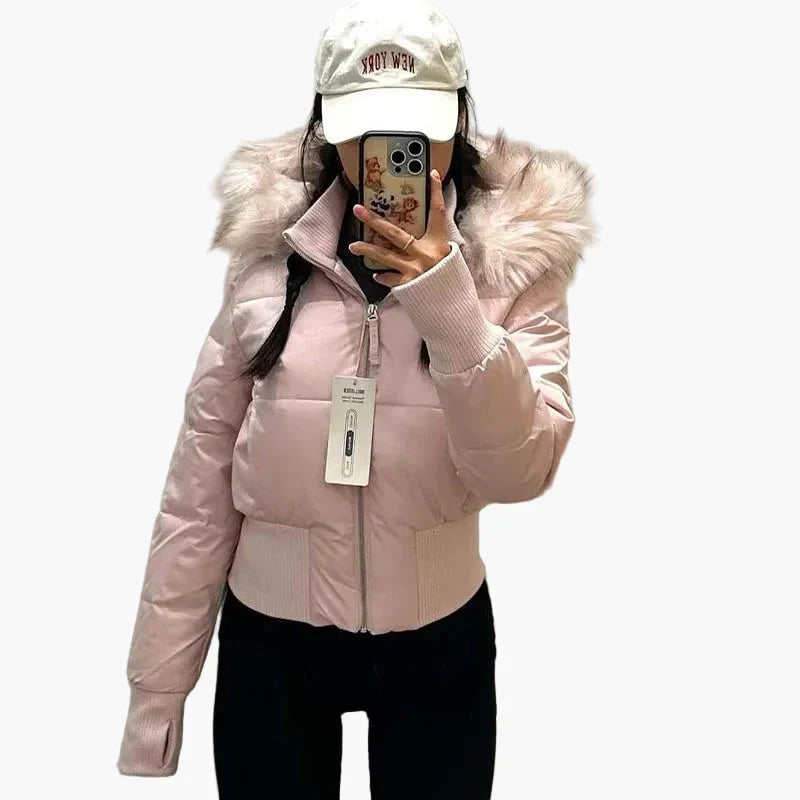 Women's Short Quilted Jacket with Fur-Trimmed Hood in Pink