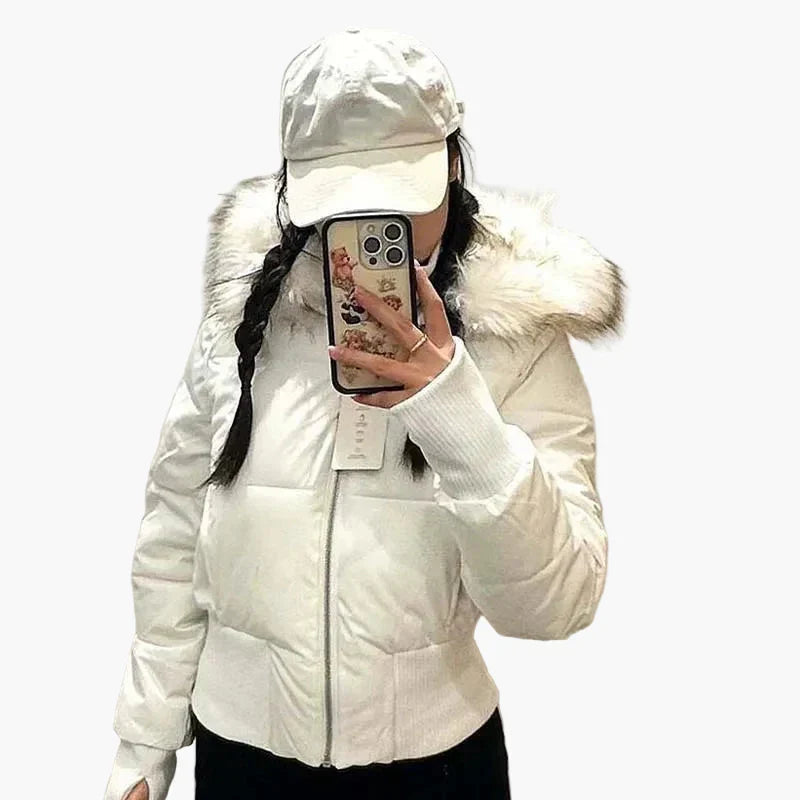 Women's Short Quilted Jacket with Fur-Trimmed Hood in White