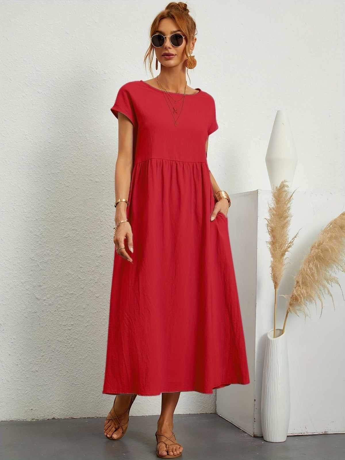 Women's Short-Sleeve Midi Dress with Pockets and Gathered Skirt in Red