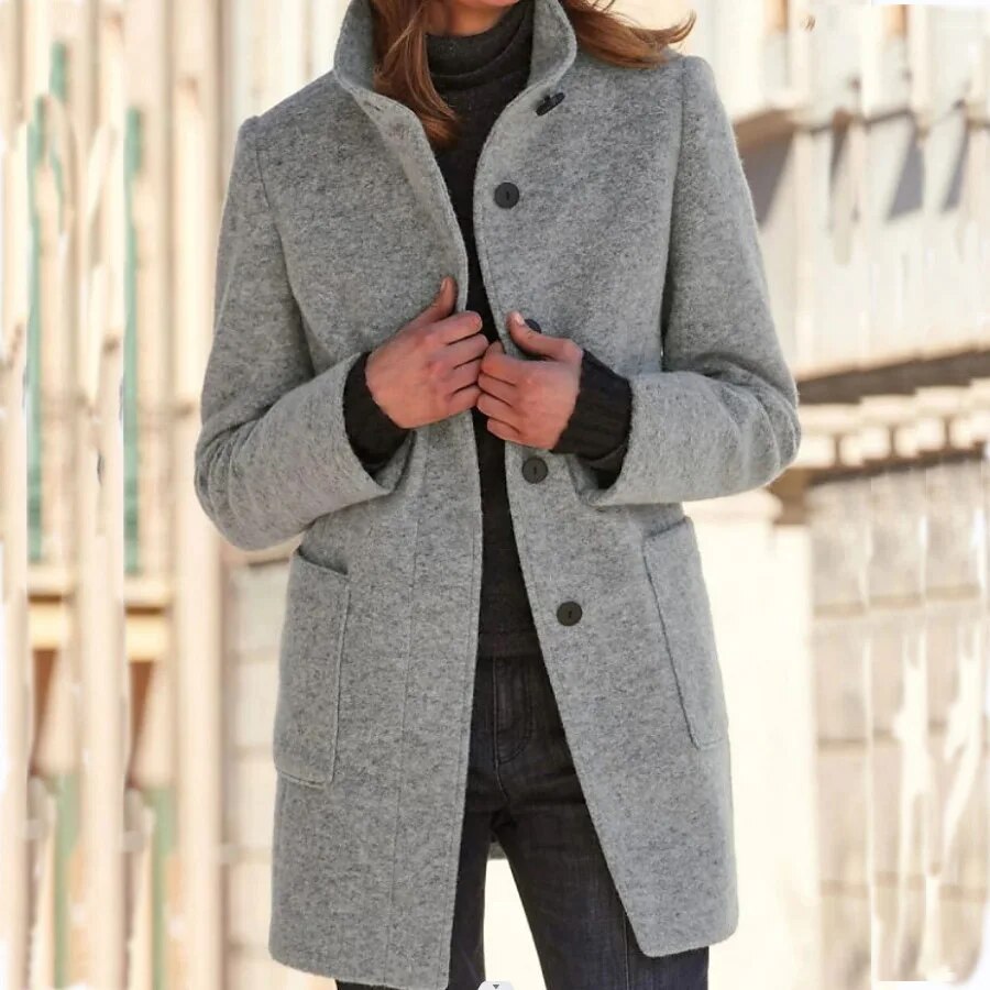 Women's Single-Breasted Coat with Stand Collar and Side Pockets in Grey