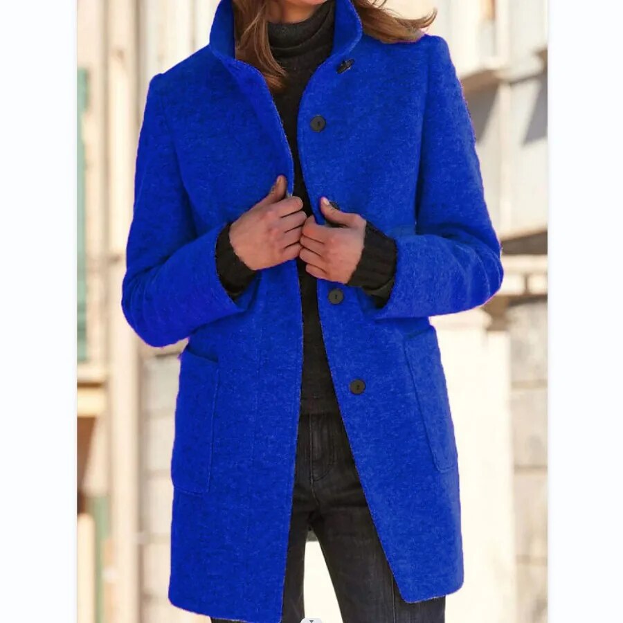 Women's Single-Breasted Coat with Stand Collar and Side Pockets in Blue